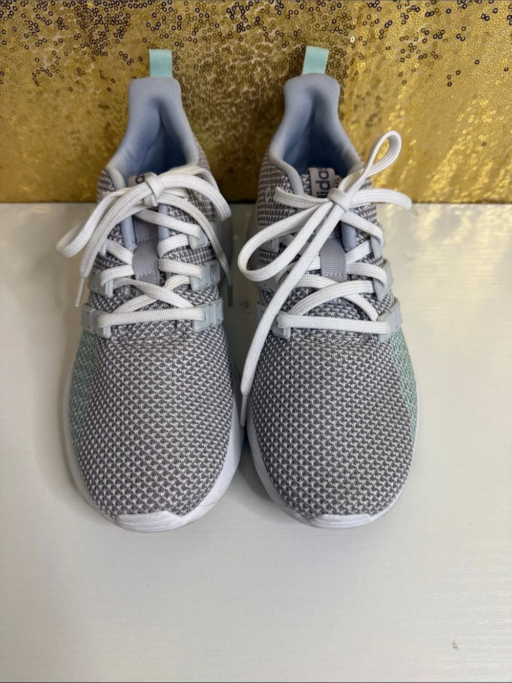 Adidas Questar Flow shoes Kids Light Gray Knit Sneakers with Mint Accents